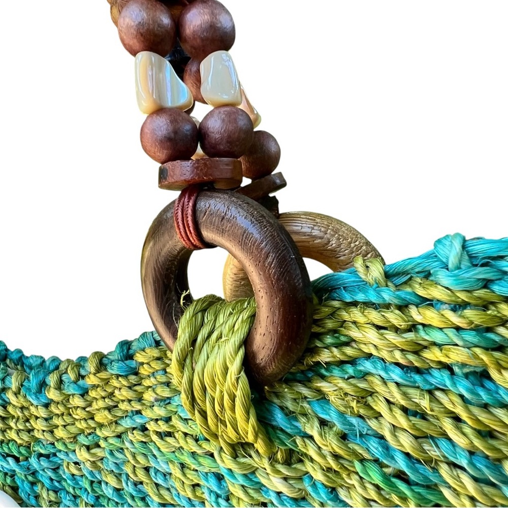 EMMA ROSE Woven Raffia Straw Green Shoulder Strap Bag Tote Beach Resort Artsy - Picture 11 of 16